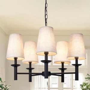 5-lights modern farmhouse chandelier with linen fabric shades, black